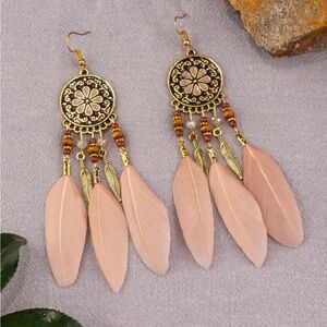 Gold and Pink Feather Dangle Earrings with Intricate Design
